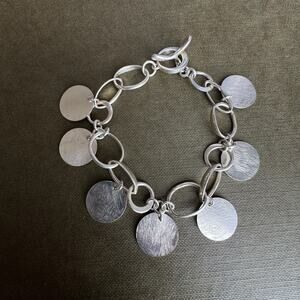 Vintage Modern 925 Sterling Silver Hammered Silver Disc & Chain Cha Cha Bracelet